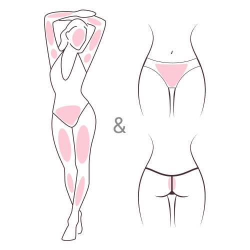 Brazilian Bikini + Underarms + Full Legs (without knees and feet) + Arms (without hands) + Full Face (without neck)
Complete package for total body and facial smoothness.